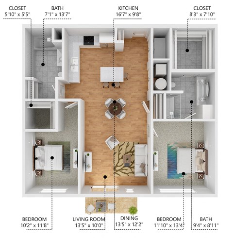Floor plan for 2 beds, 2 baths, 1141 sqft
